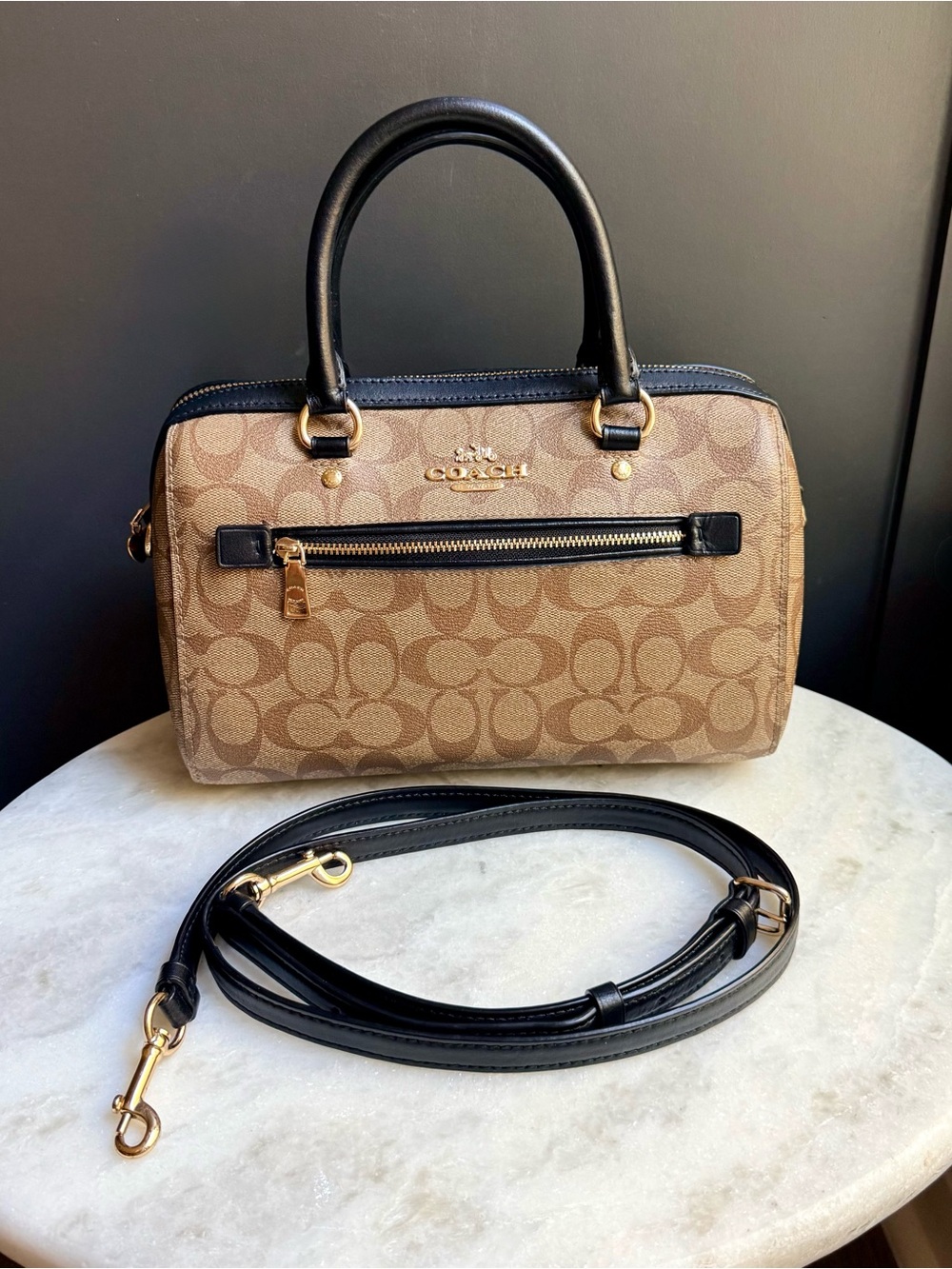 Authentic Coach Rowan Satchel in Signature Canvas (Khaki/Black) -
2020